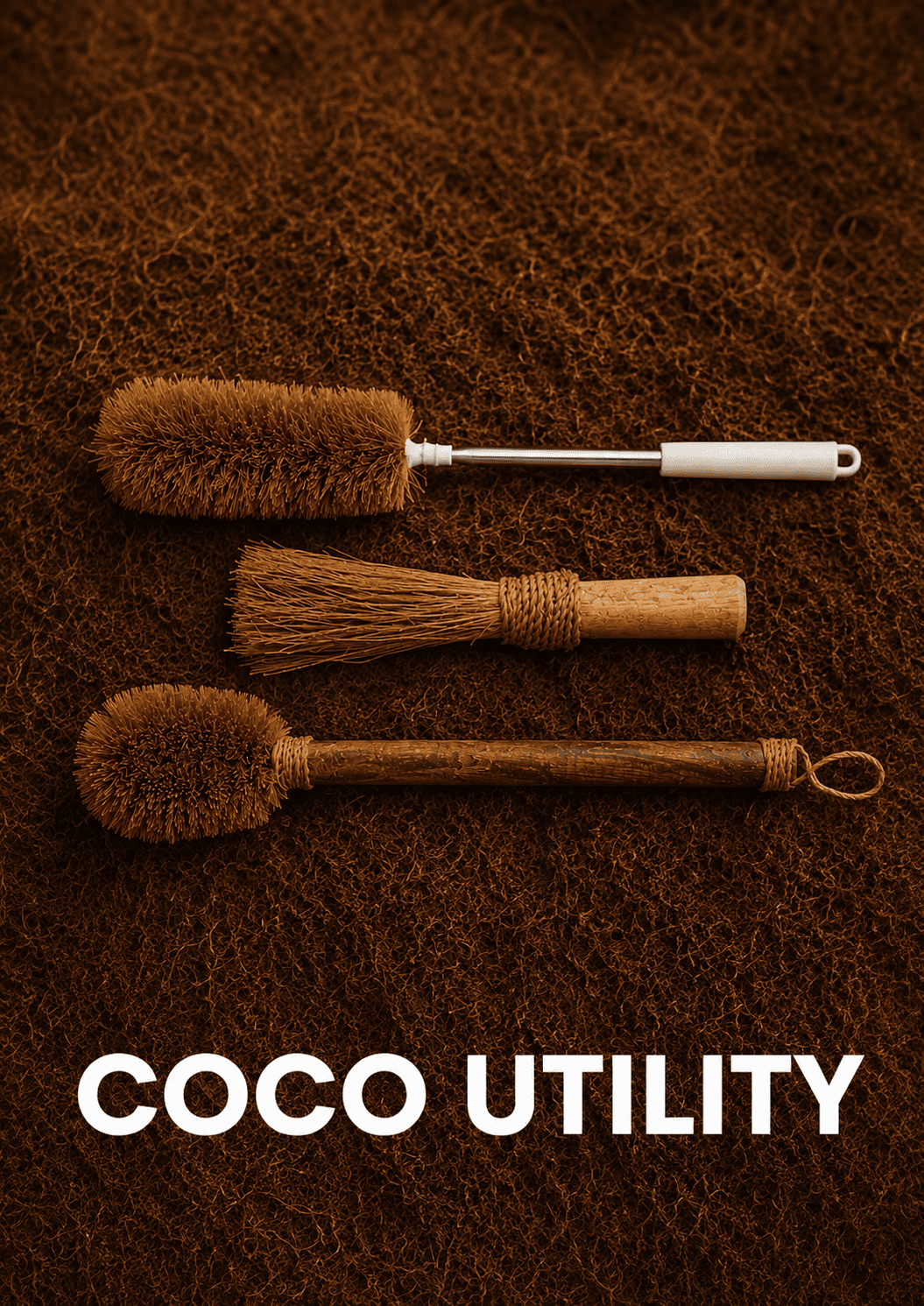 Coir cleaning brush made from coconut husk fiber with a wooden handle
