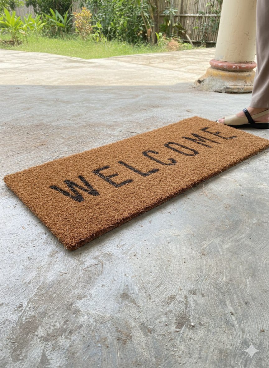 Worn coir doormat showing signs of replacement